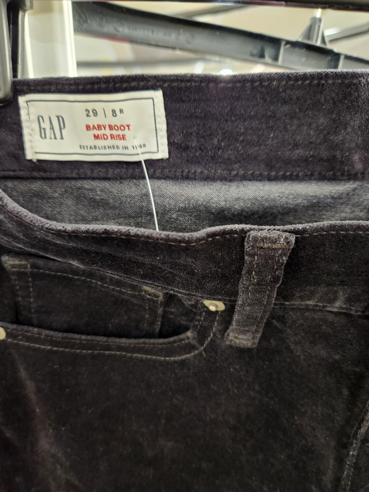  GAP Baby Boot mid rise velvet jeans. Slim through the hip &amp; thigh mini bootcut leg.