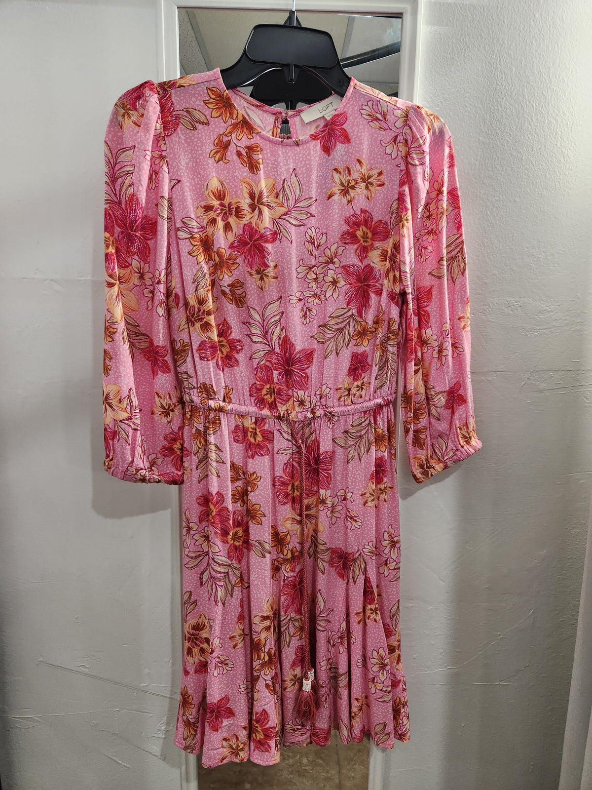 LOFT pink floral-print mini dress with puff sleeves and a flared skirt on hanger
