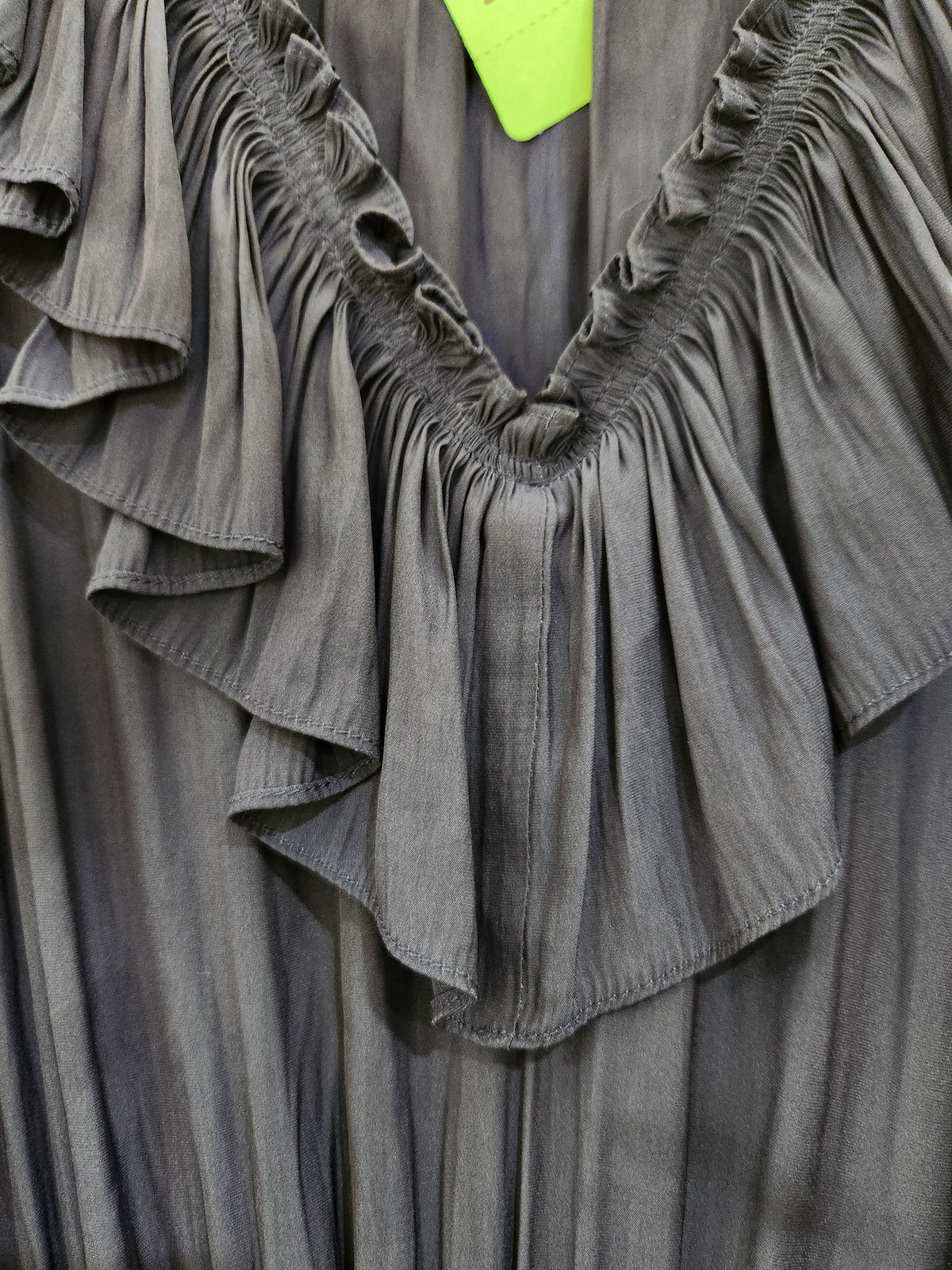 Close-up of a dark gray ruffled blouse with a smocked V-neckline and layered flutter sleeves.