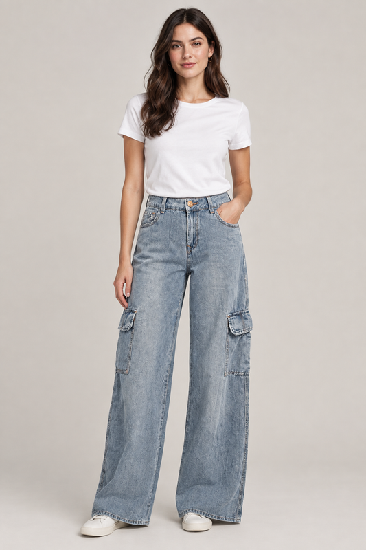 Women wearing True Religion Bobbi Baggy Cargo wide leg jeans feature a relaxed, wide-leg silhouette crafted from a light-wash denim, detailed with utility-inspired flap cargo pockets on the sides