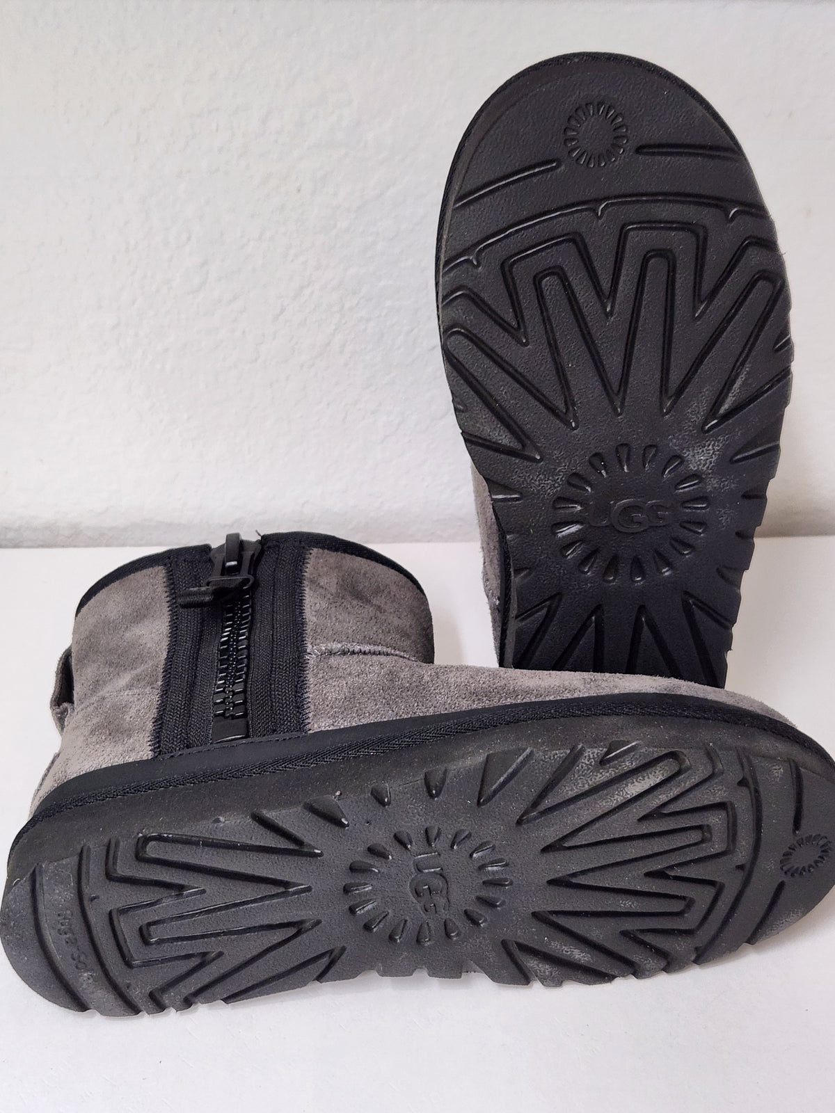 A pair of gray suede UGG boots with black soles and a light gray shearling lining, shown from the back on a white surface against a white wall.