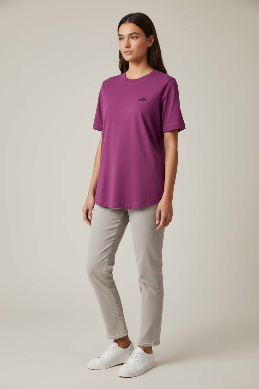 Female model wearing a purple women’s Marc Jacobs short-sleeve crewneck T-shirt with small chest emblem
