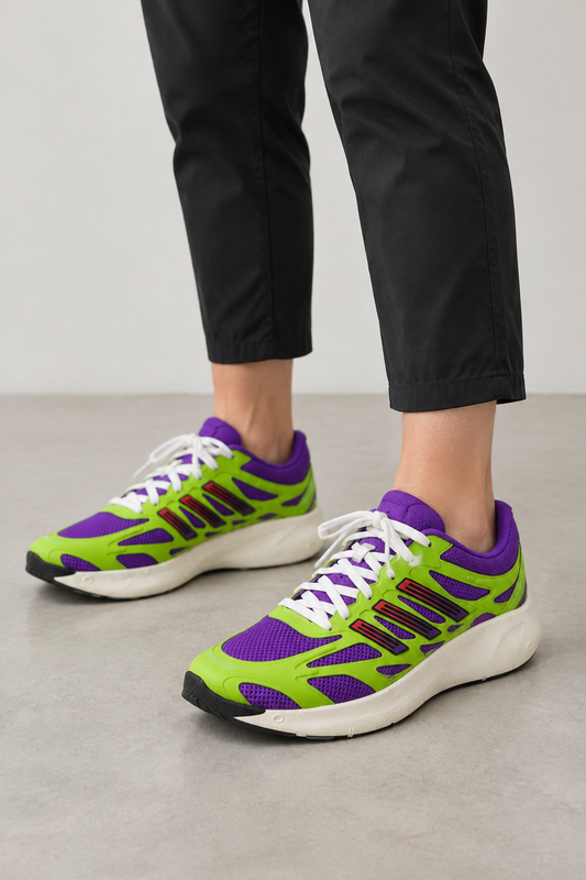 A person wearing bright neon green and purple running shoes with white laces and black pants, standing on a light gray floor against a light gray wall.