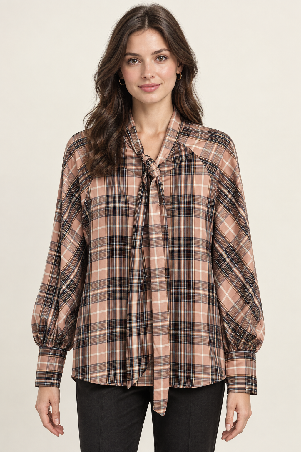 Halogen Plaid Tie Neck Button-Up Shirt