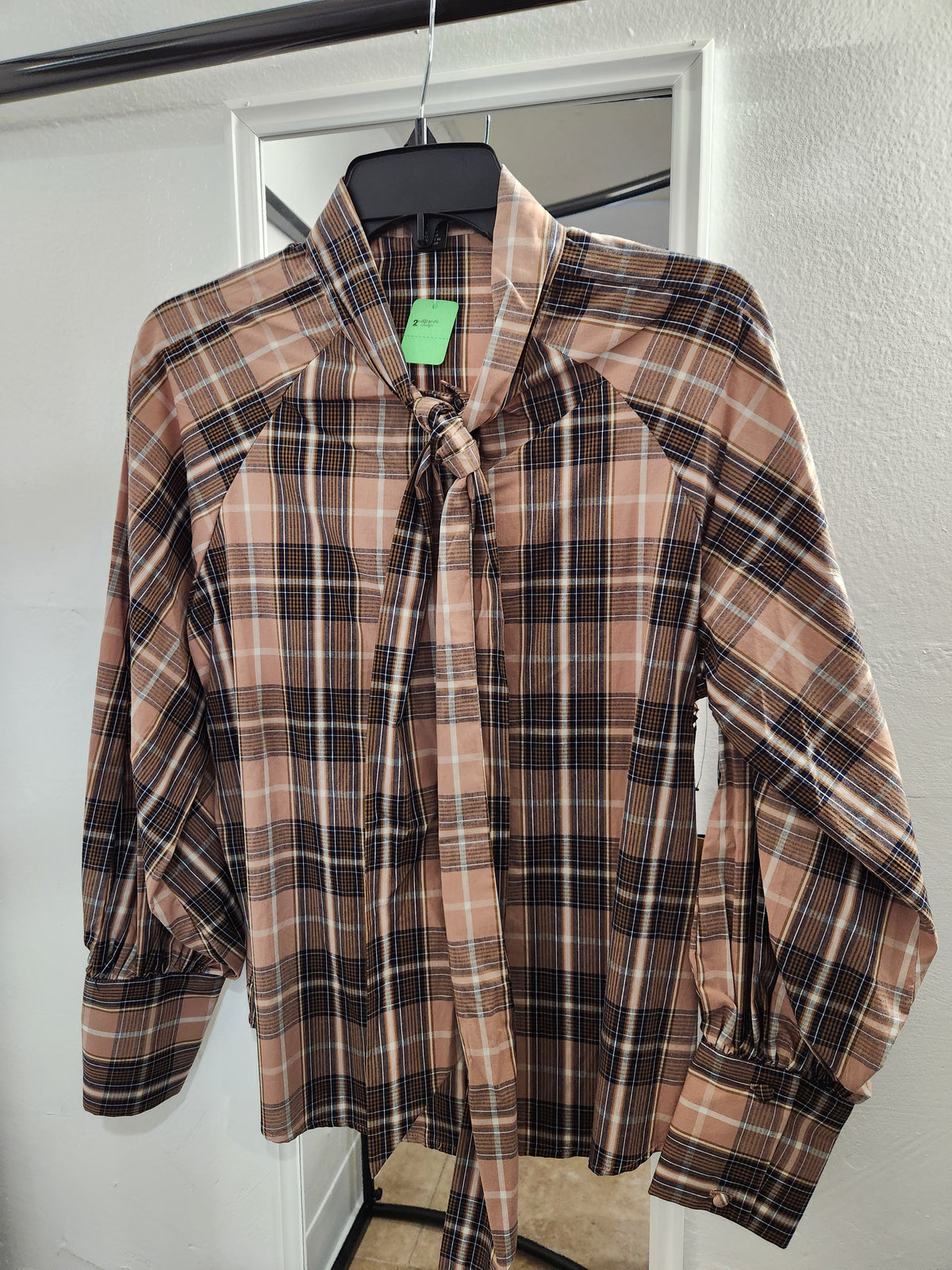 Halogen Plaid Tie Neck Button-Up Shirt