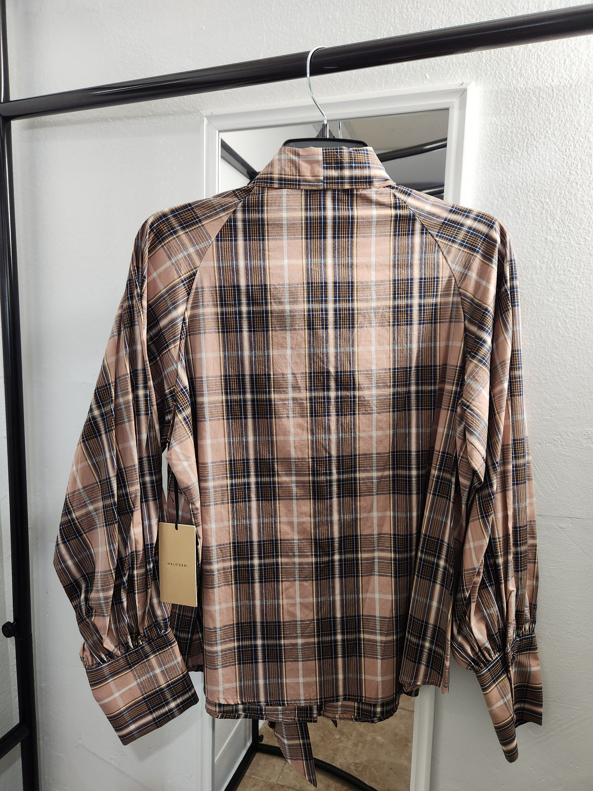 Halogen Plaid Tie Neck Button-Up Shirt