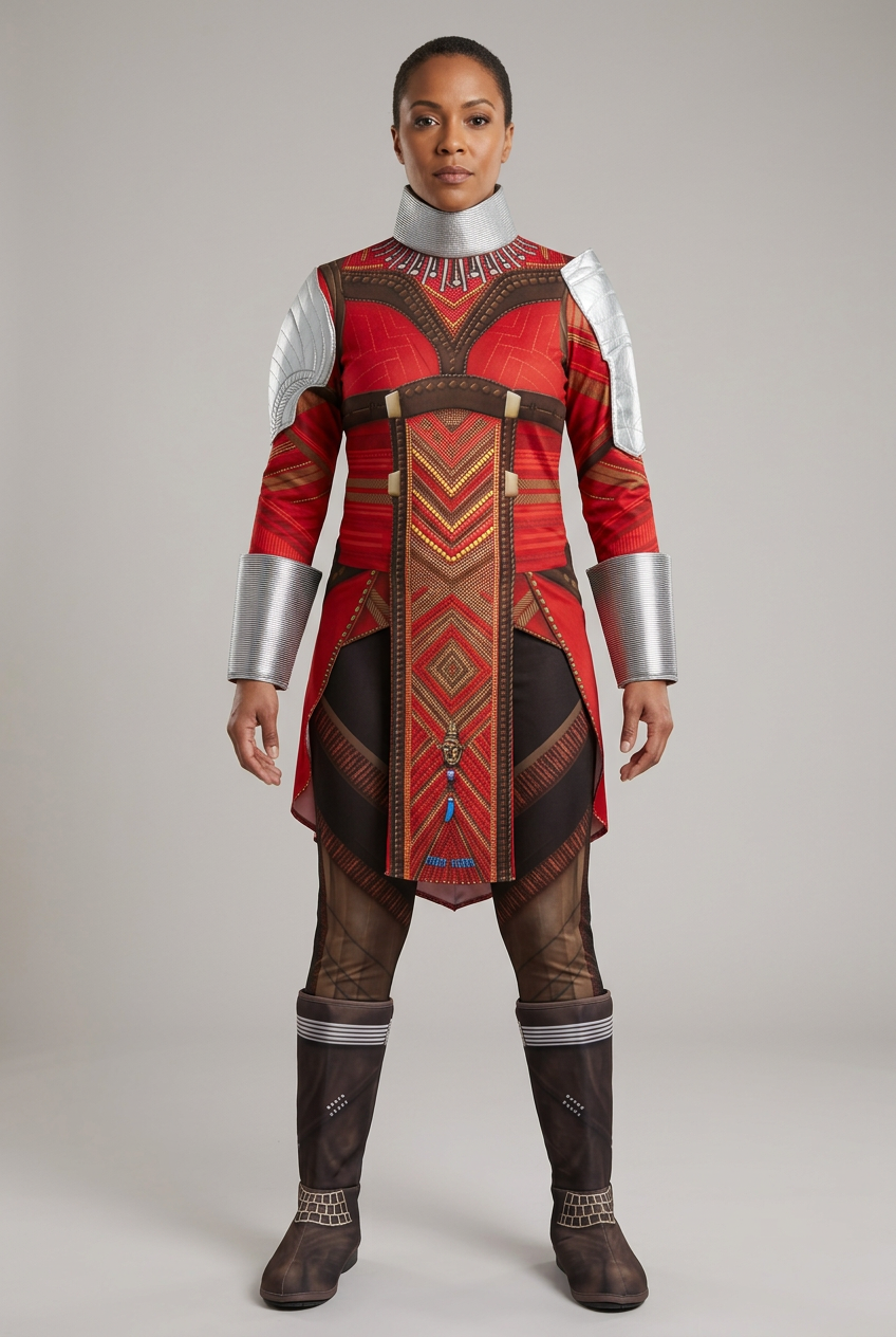 A model wearing a detailed red and black warrior costume with geometric patterns, silver arm guards, and tall dark brown boots, standing against a neutral gray studio background. Wakanda's Dora Milaje Adult Costume